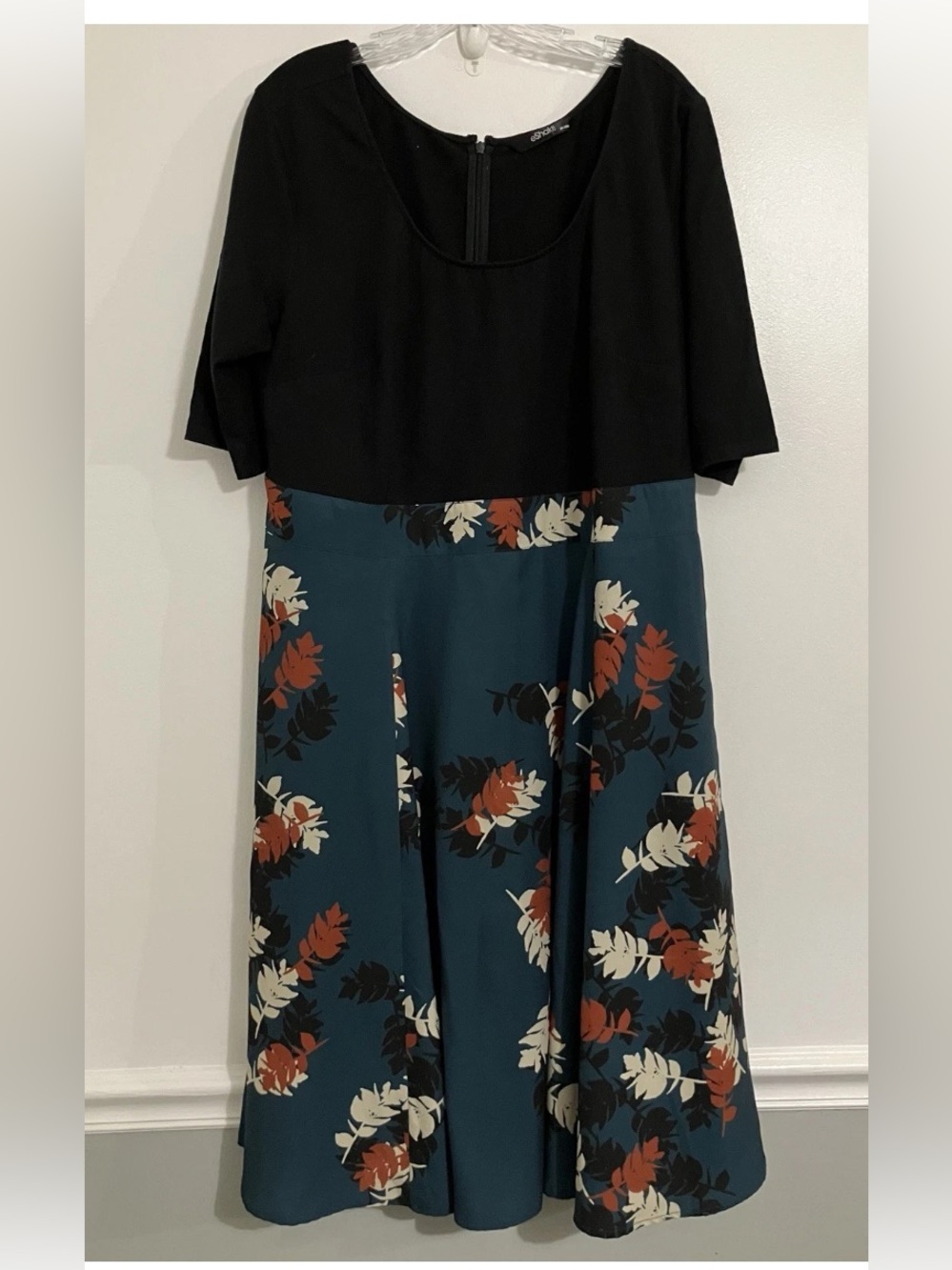 eShakti Floral Print Dress Fit & Flare Black Green 2X Office Church Career